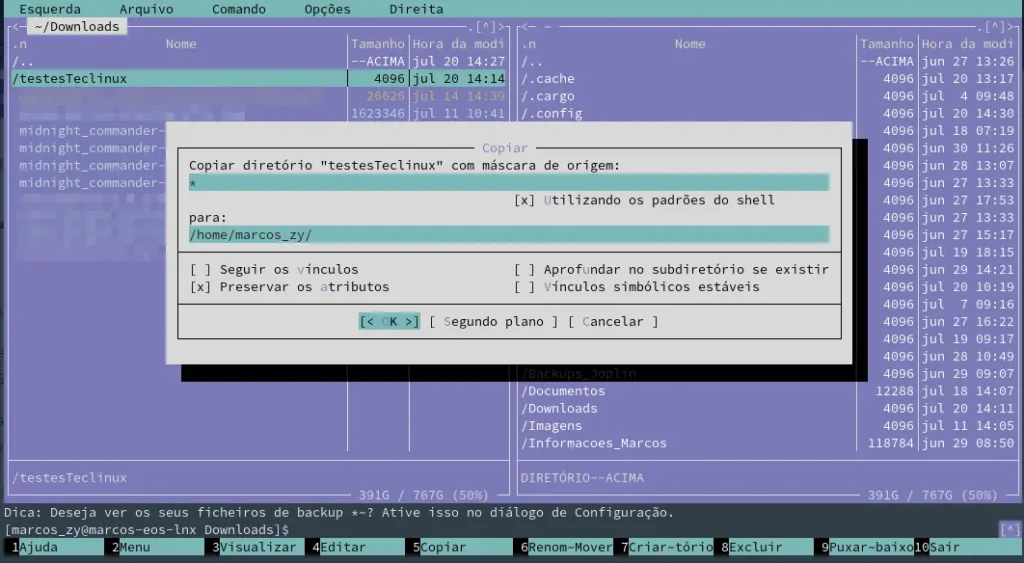 Cópia de arquivos e diretórios no Midnight Commander